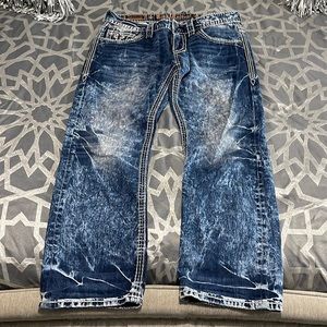 Rock Revival jeans, size 34 x 30, blue and white, slim straight